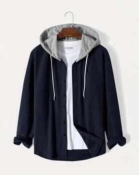 men ribbed regular fit hooded shirt