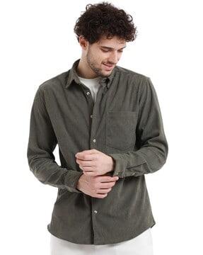 men ribbed regular fit shirt with button-down collar