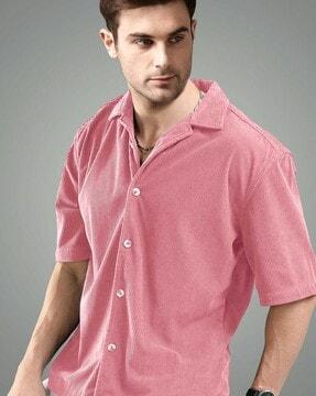 men ribbed regular fit shirt with cuban collar