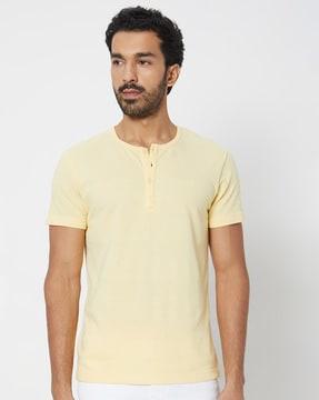 men ribbed slim fit henley t-shirt