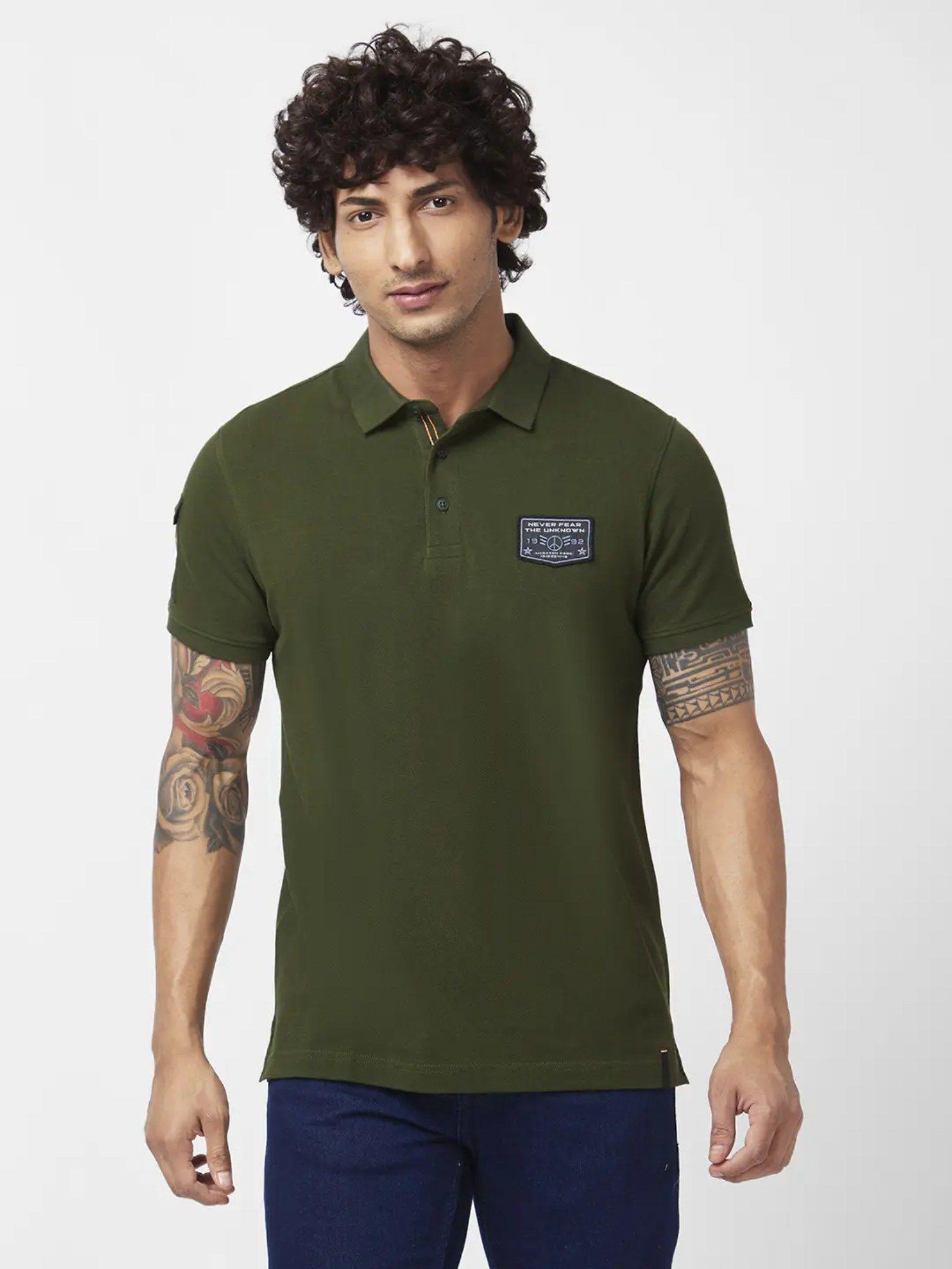 men rifle green cotton slim fit half sleeve collar neck plain polo t-shirt