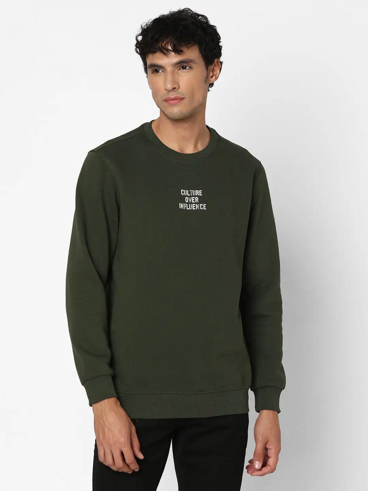 men rifle green slim fit full sleeve round neck plain sweatshirt