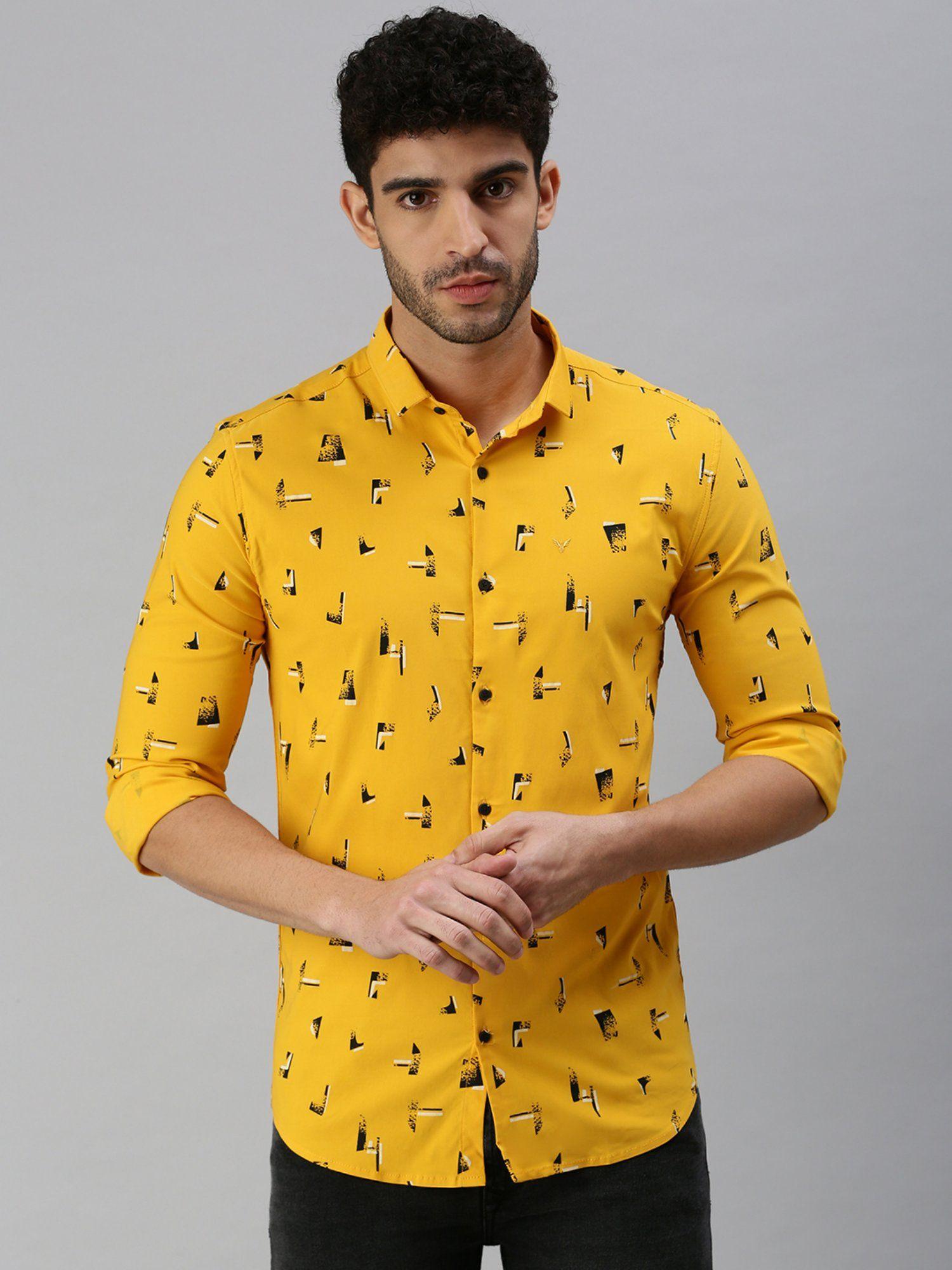 men roll-up sleeves mustard abstract shirt