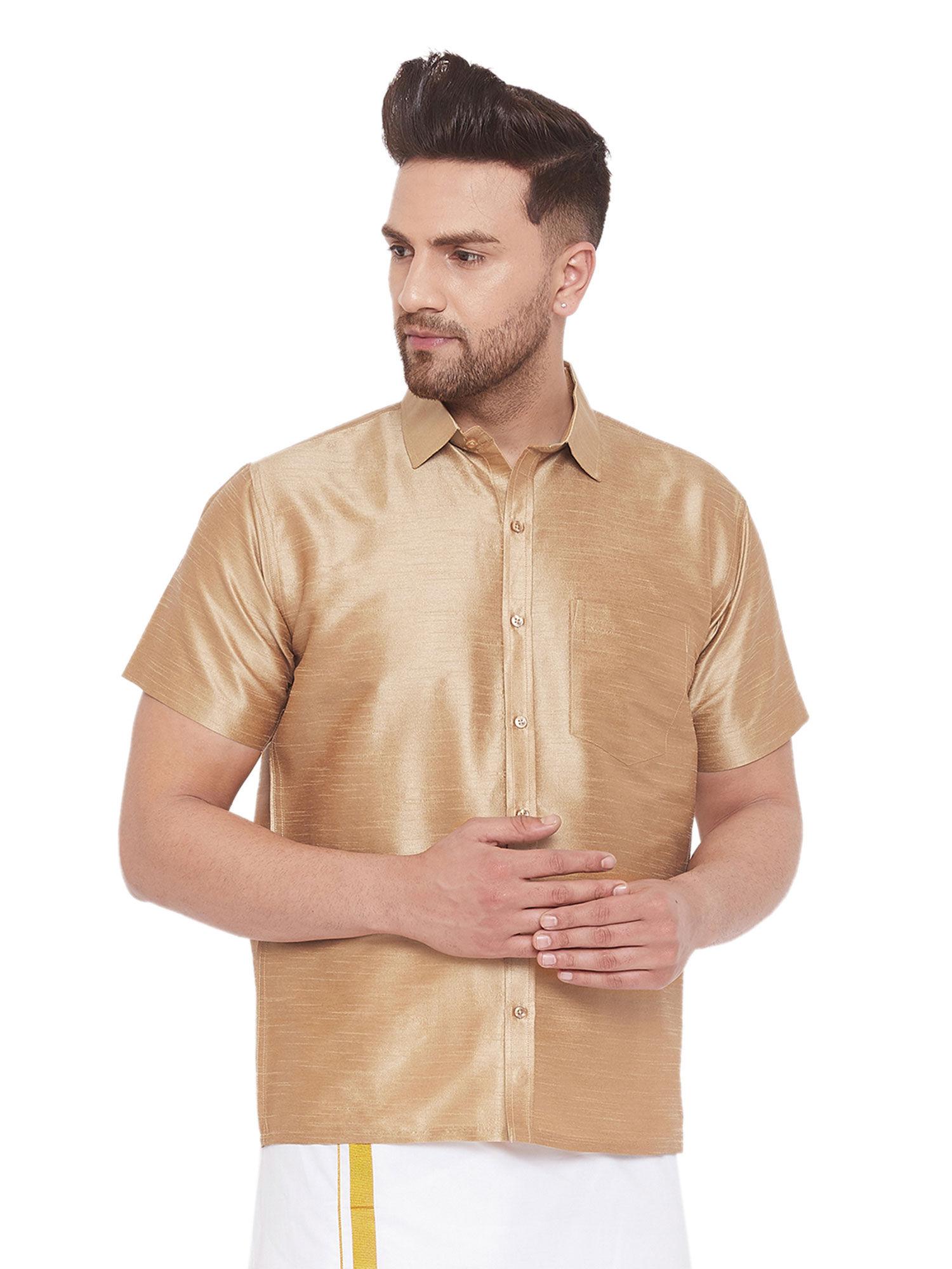 men rose gold cotton silk ethnic shirt