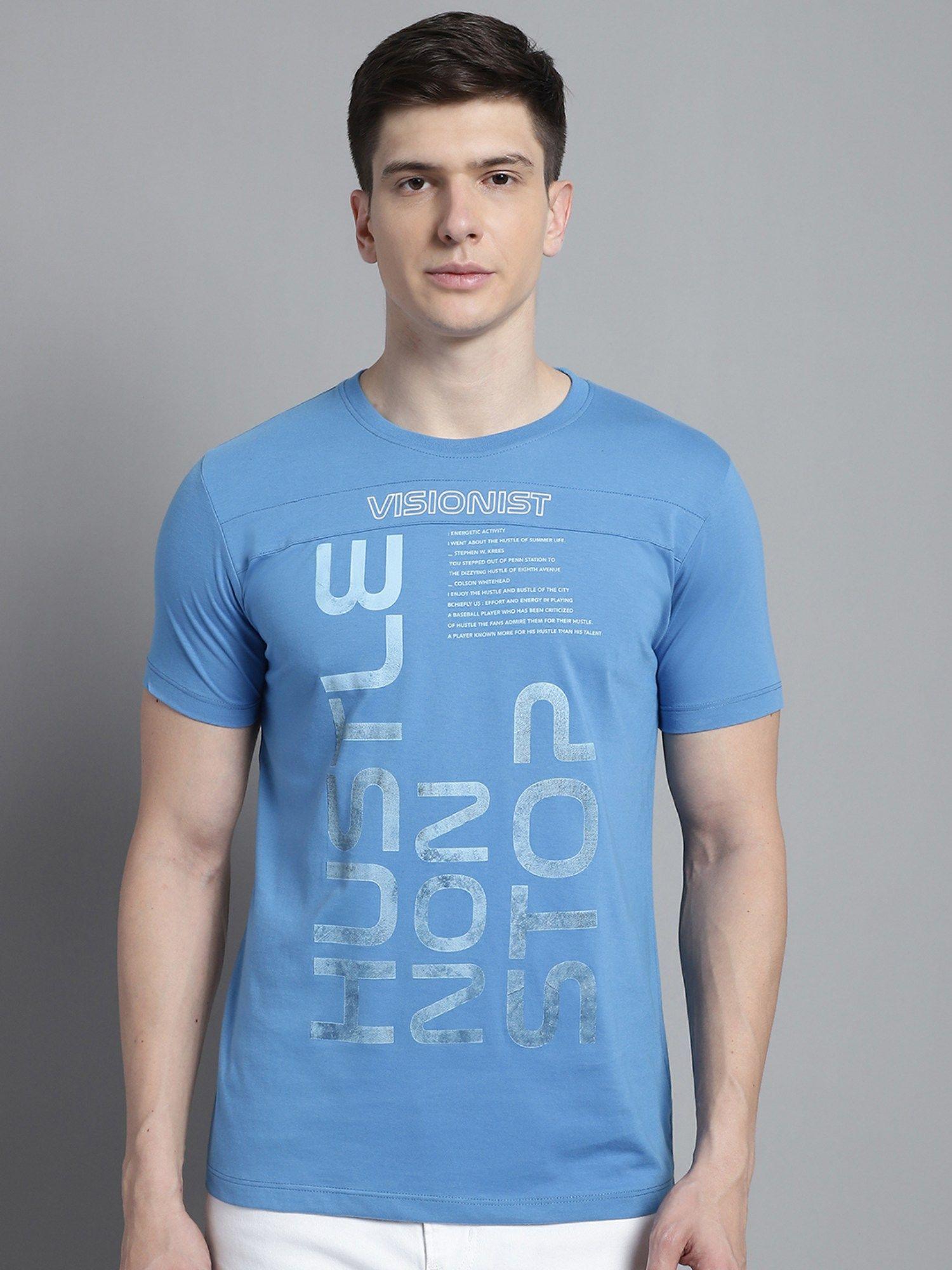men round neck blue printed cotton t-shirt