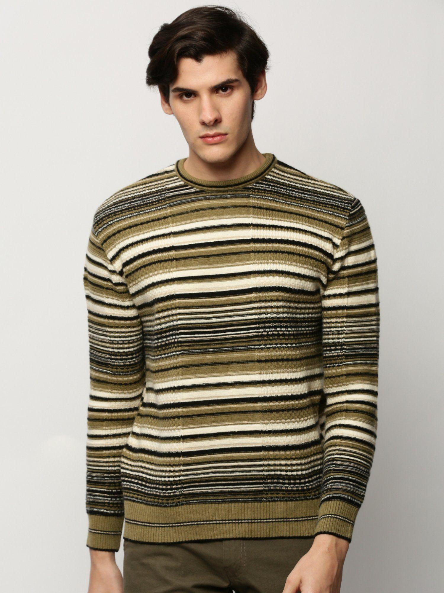 men round neck fair isle olive long sleeves pullover sweater