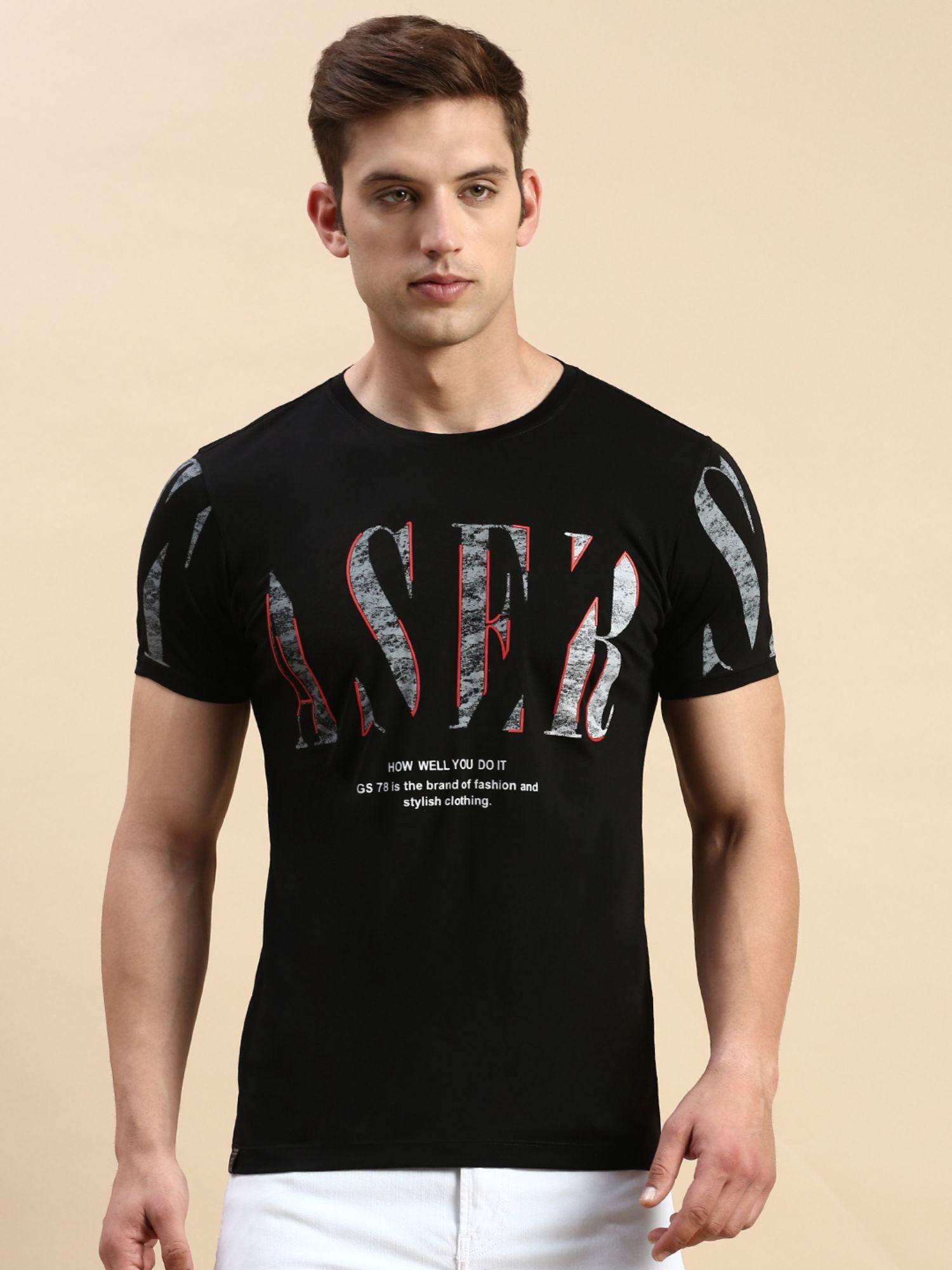 men round neck short sleeves typography black slim fit t-shirt