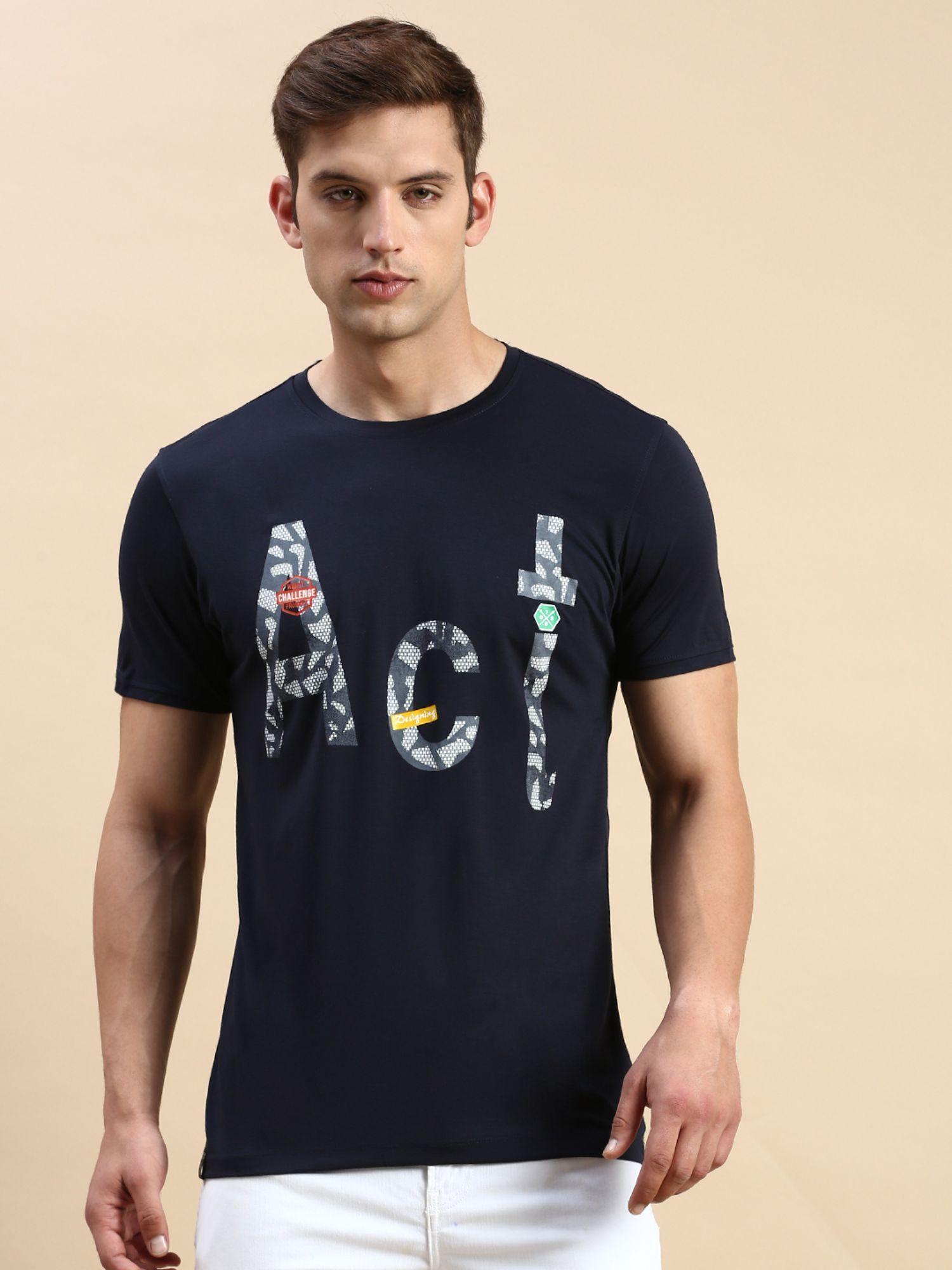 men round neck short sleeves typography navy blue slim fit t-shirt