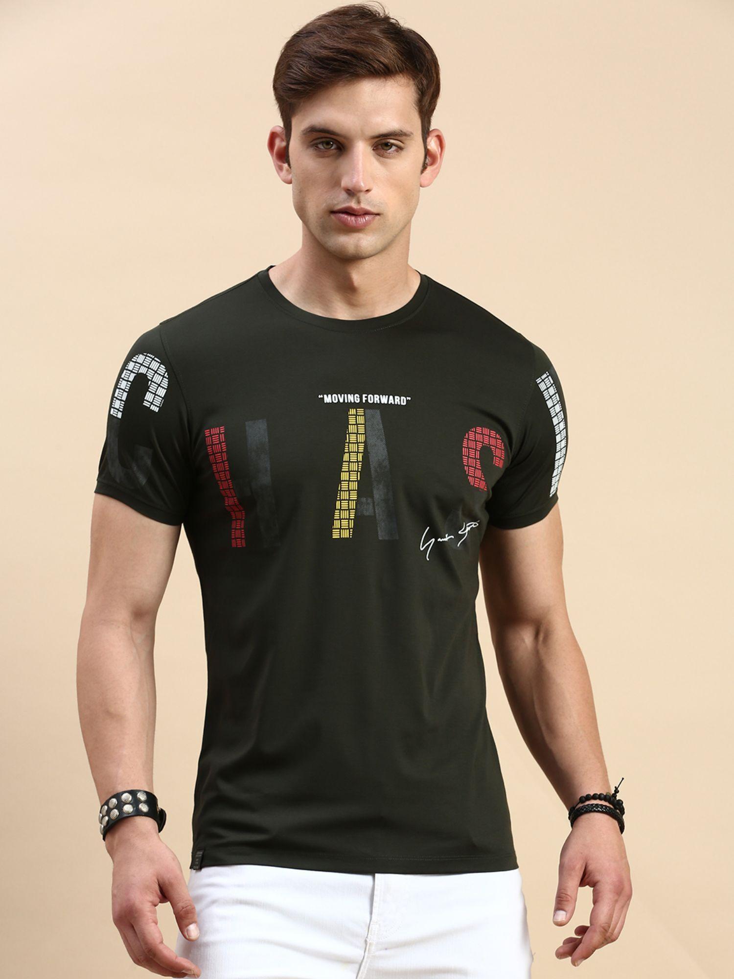 men round neck short sleeves typography olive slim fit t-shirt