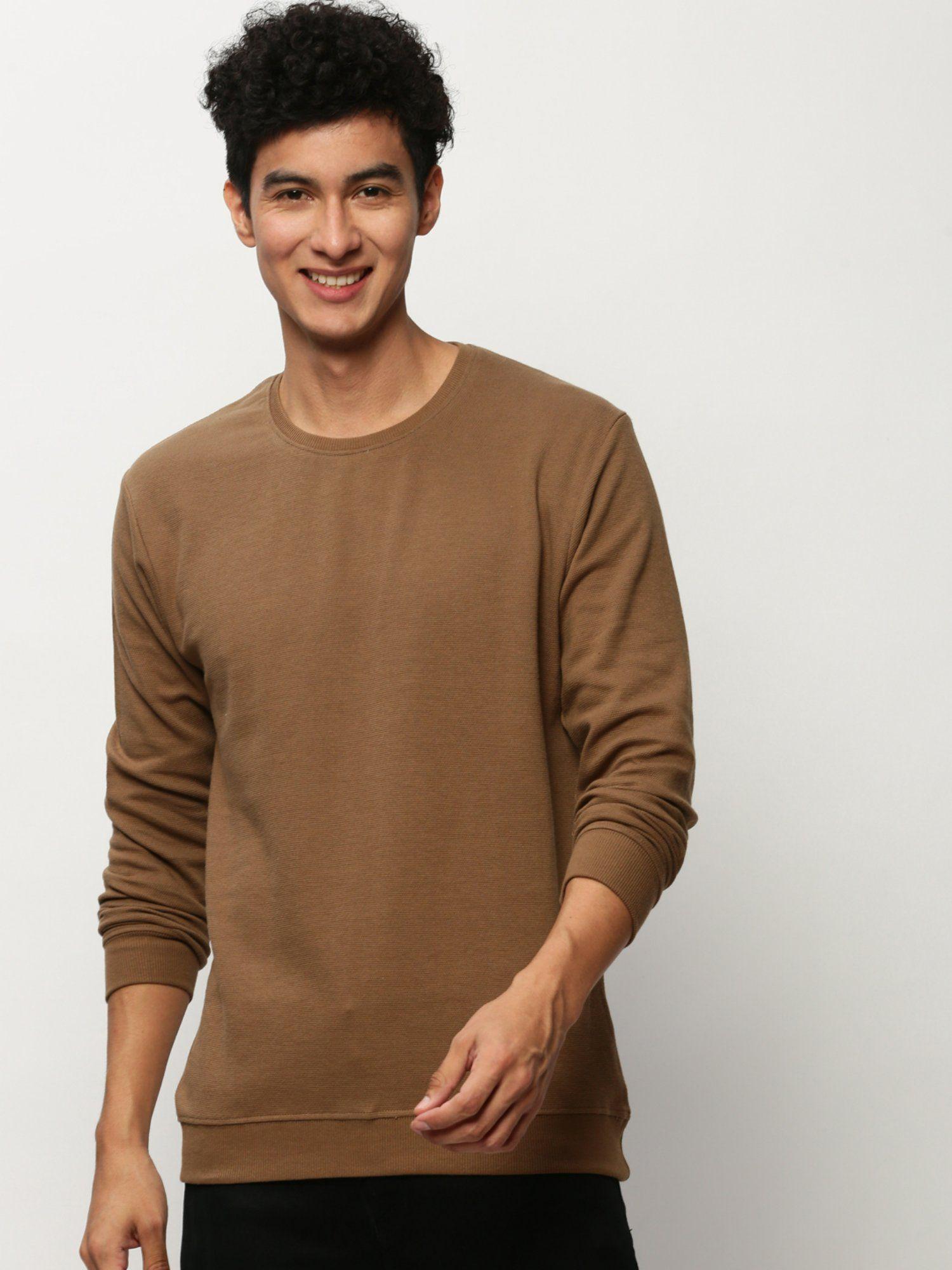 men round neck solid camel brown sweatshirt