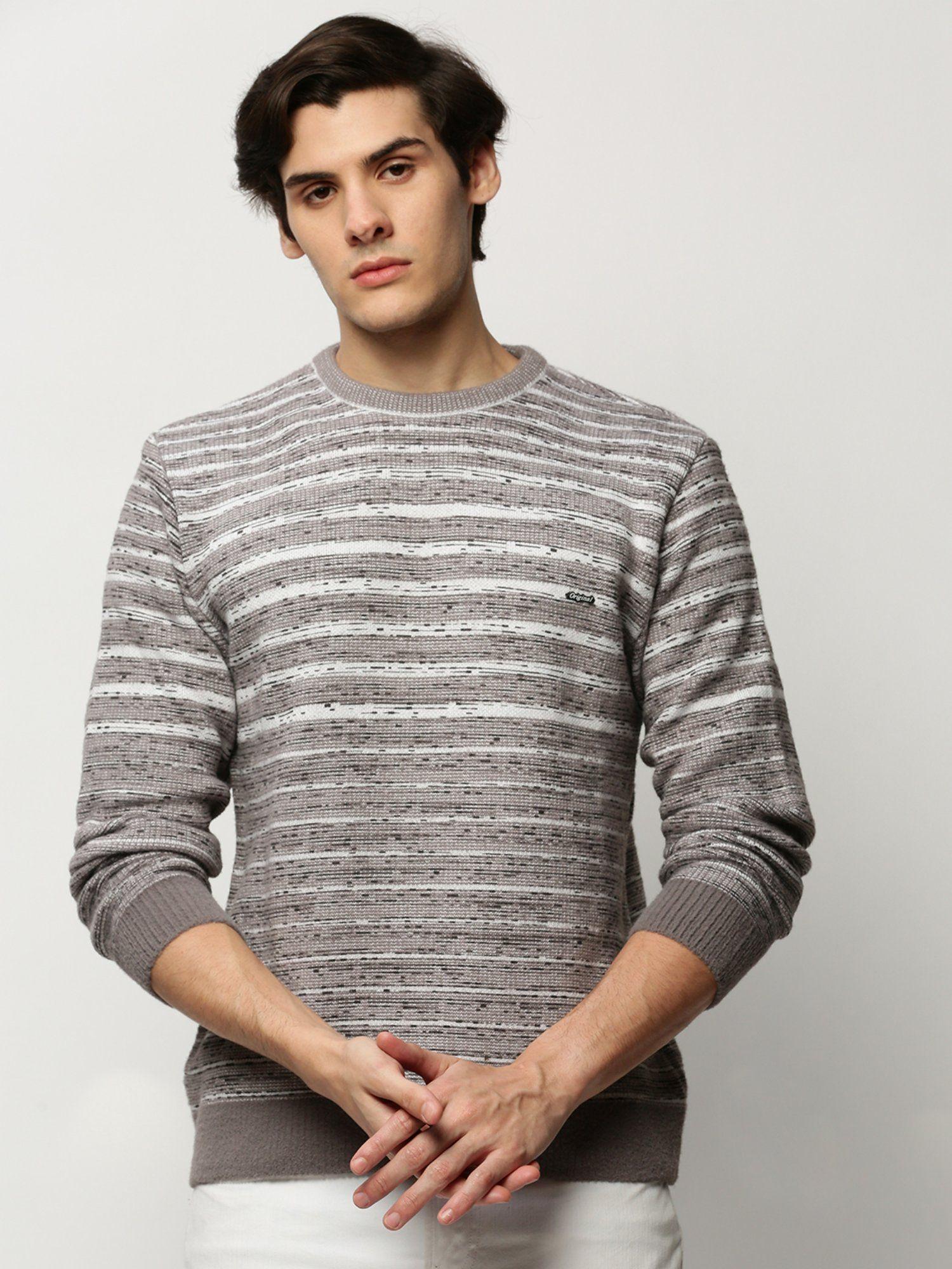 men round neck speckled grey long sleeves pullover sweater