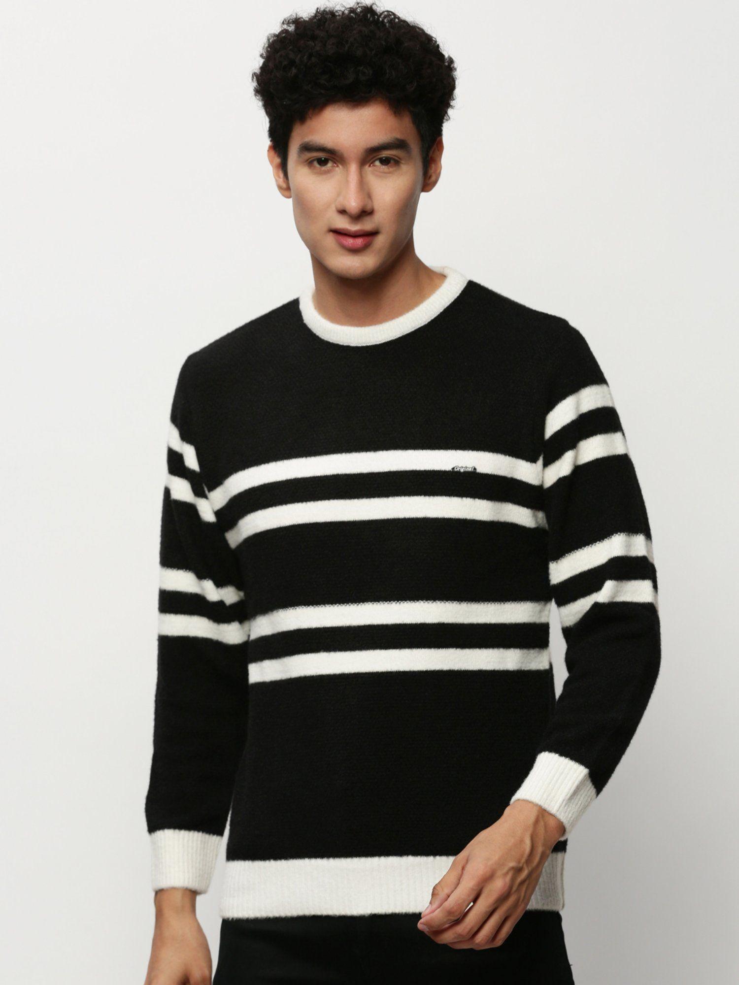 men round neck striped black long sleeves pullover sweater