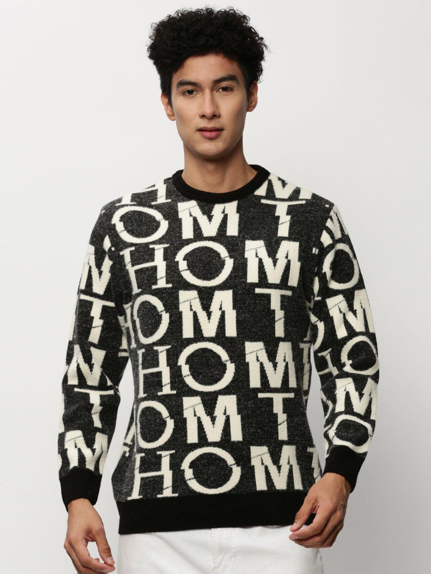 men round neck typography black long sleeves pullover sweater