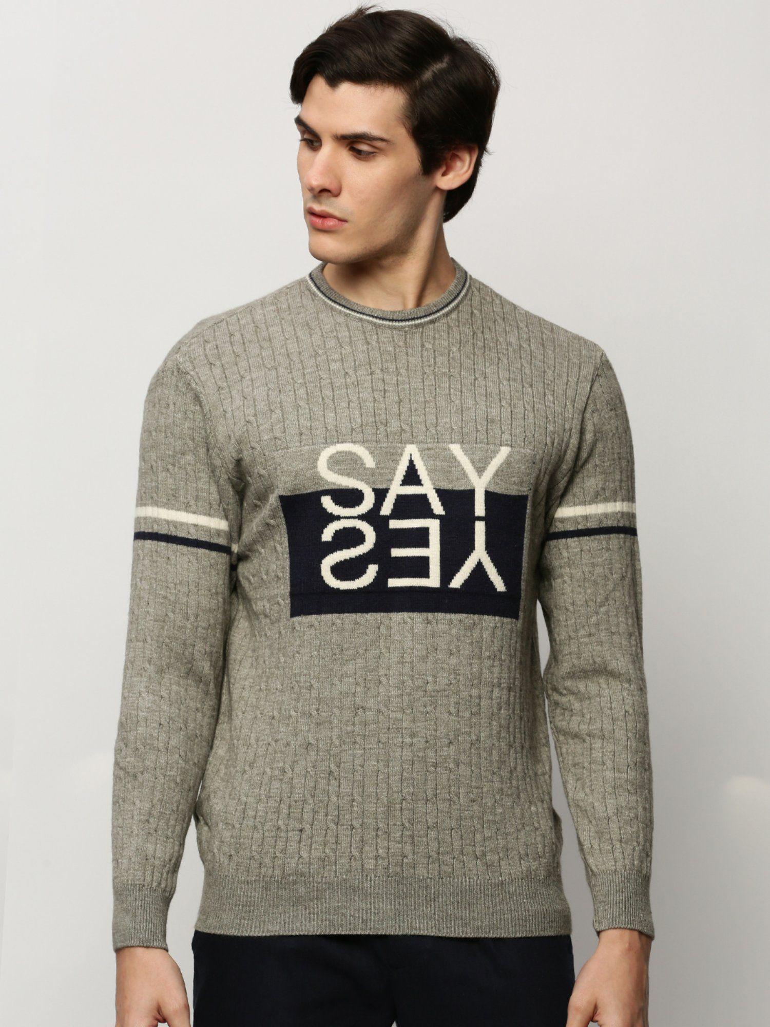 men round neck typography grey long sleeves pullover sweater