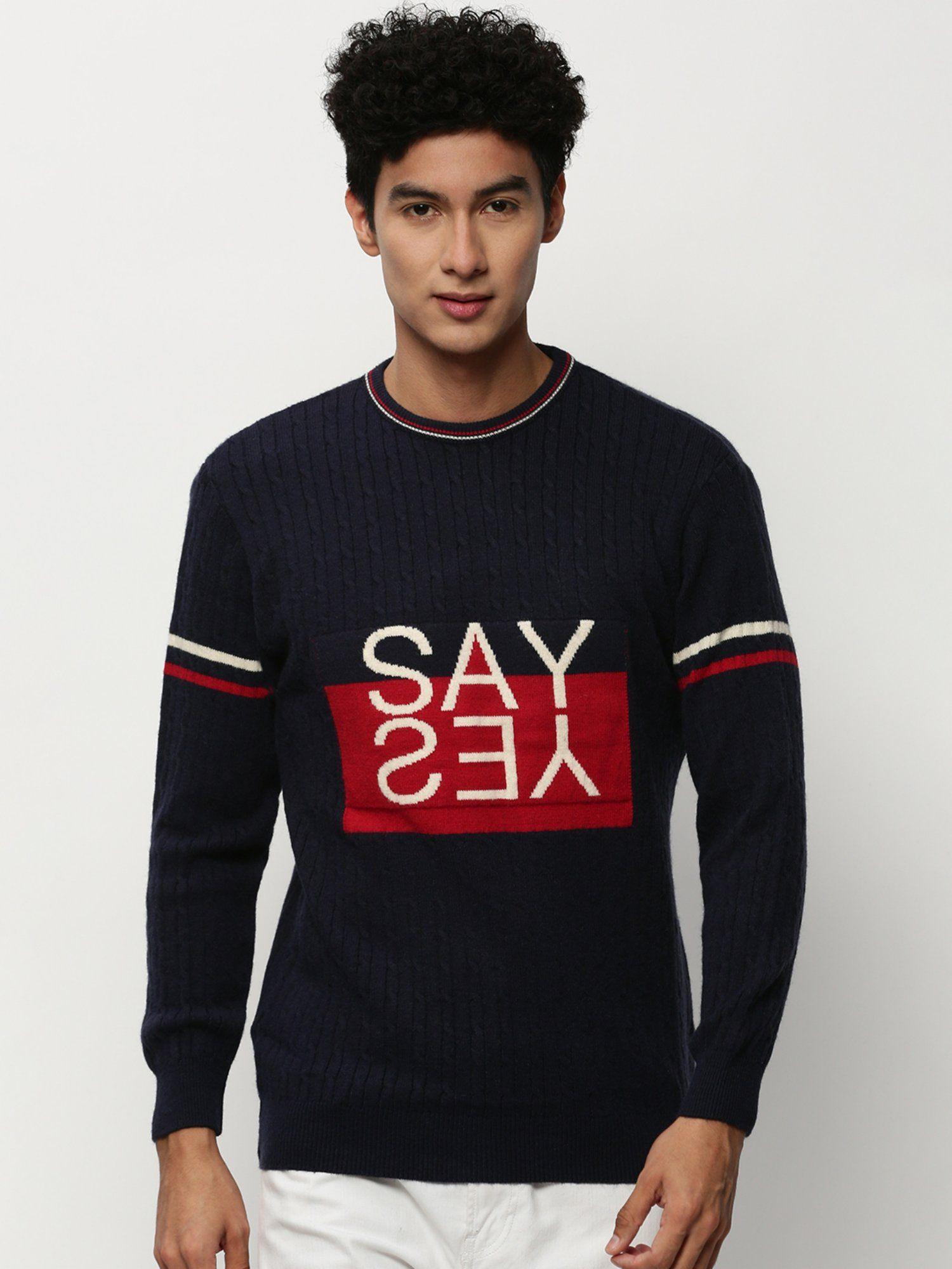 men round neck typography navy blue long sleeves pullover sweater