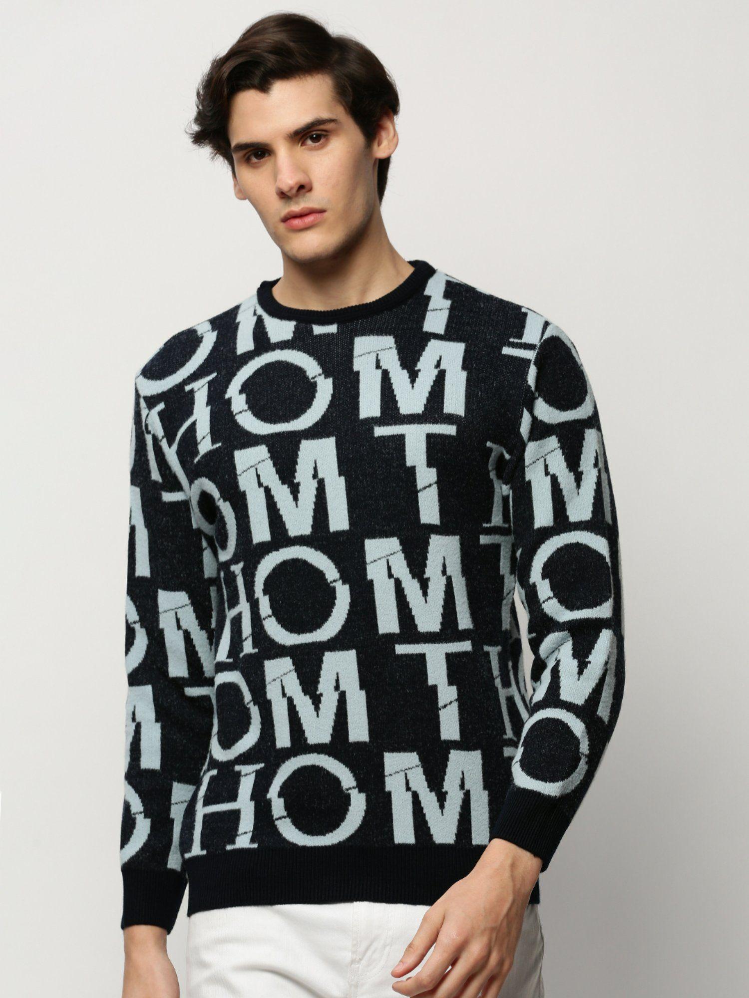 men round neck typography navy blue long sleeves pullover sweater