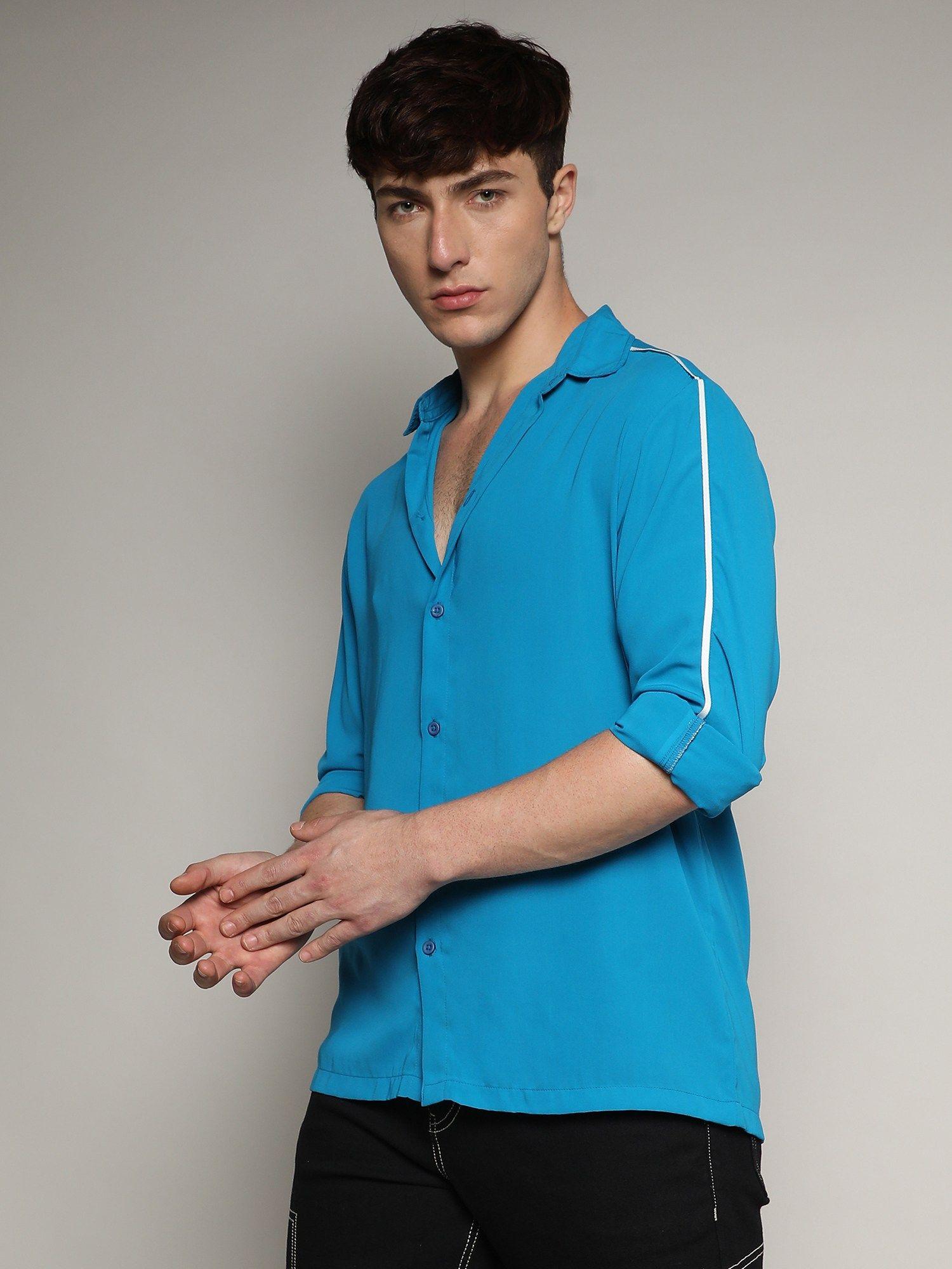 men royal blue contrast piping shirt