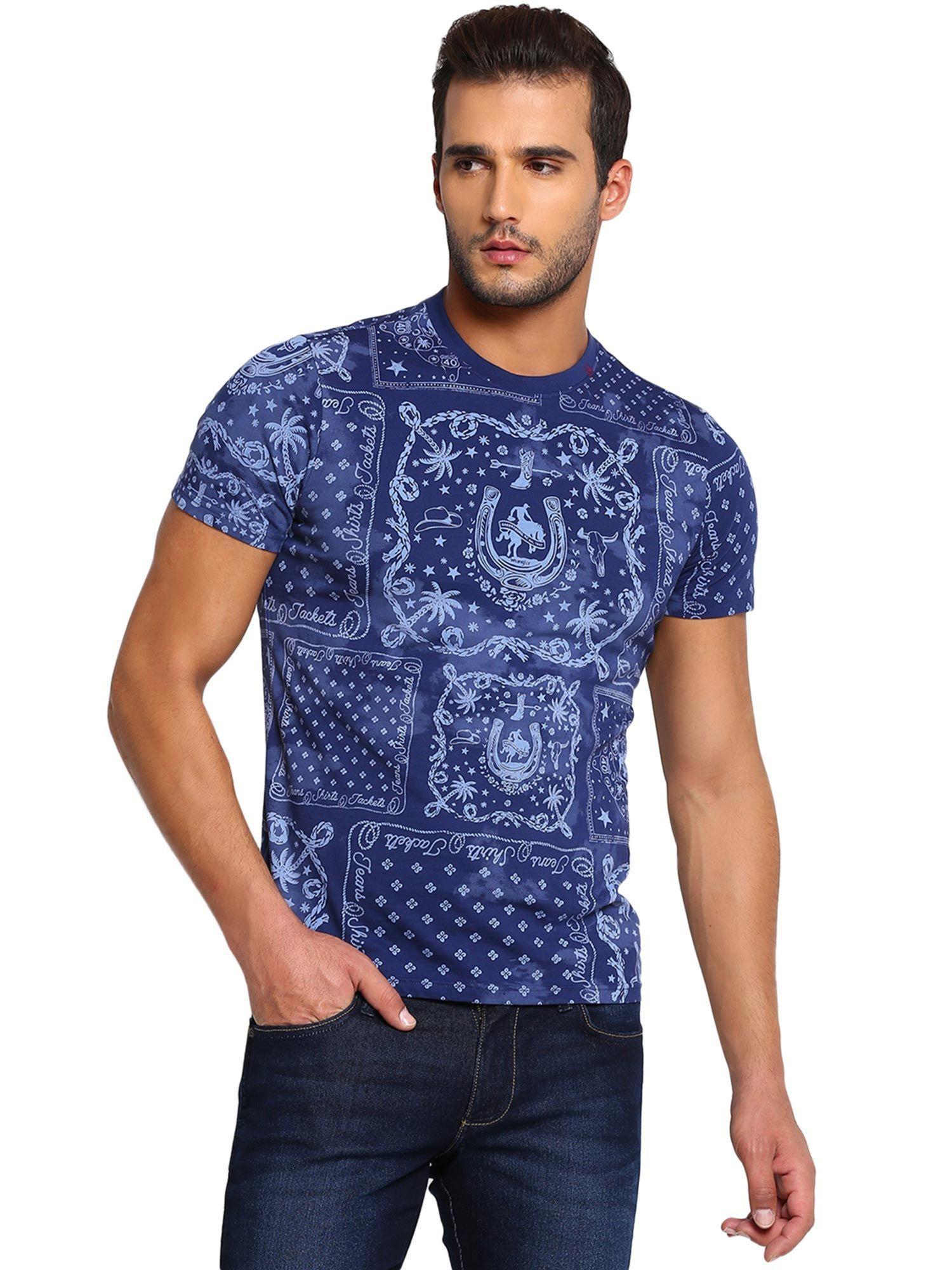 men royal blue printed regular fit t-shirt