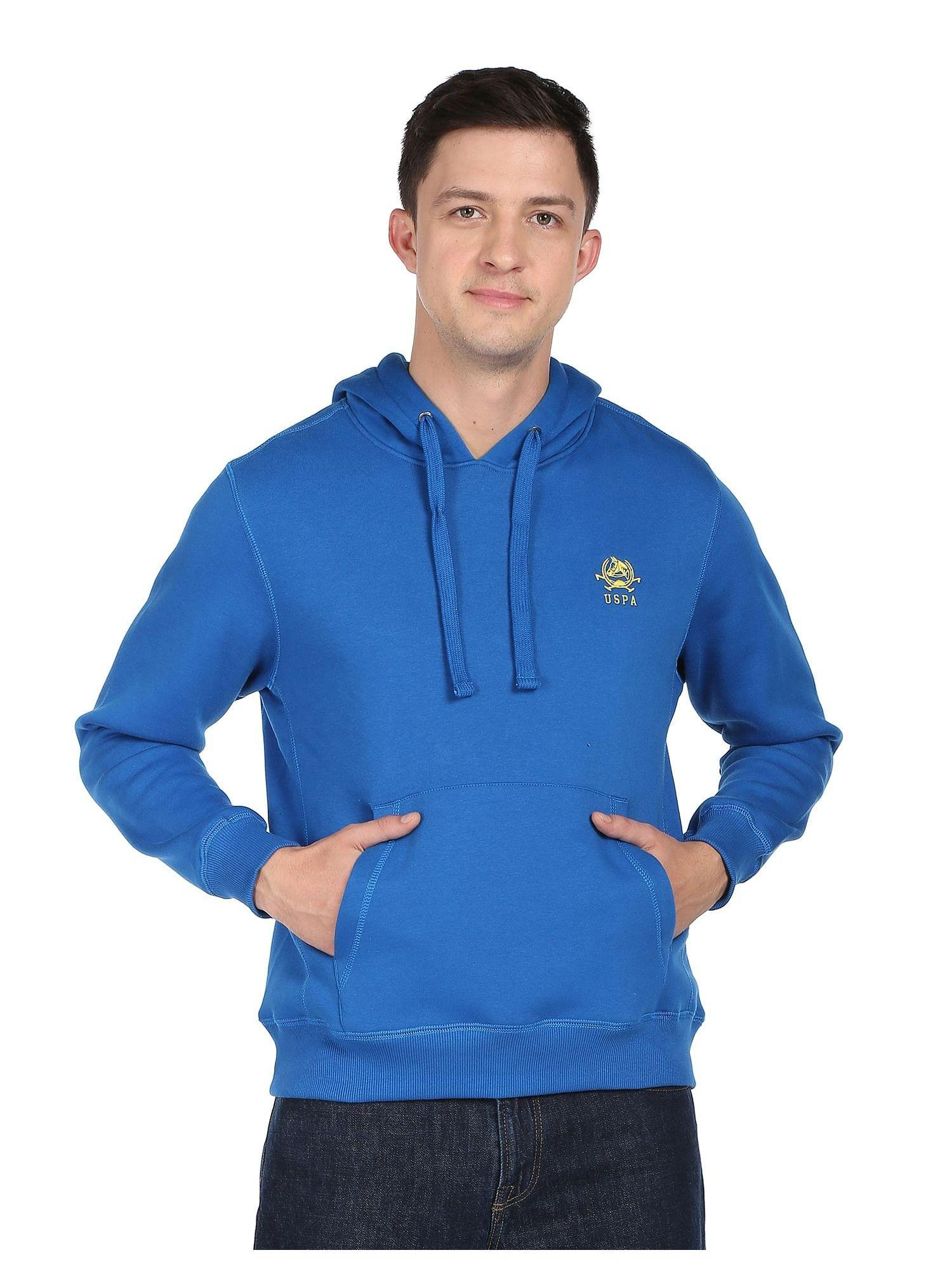 men royal blue solid hooded sweatshirt