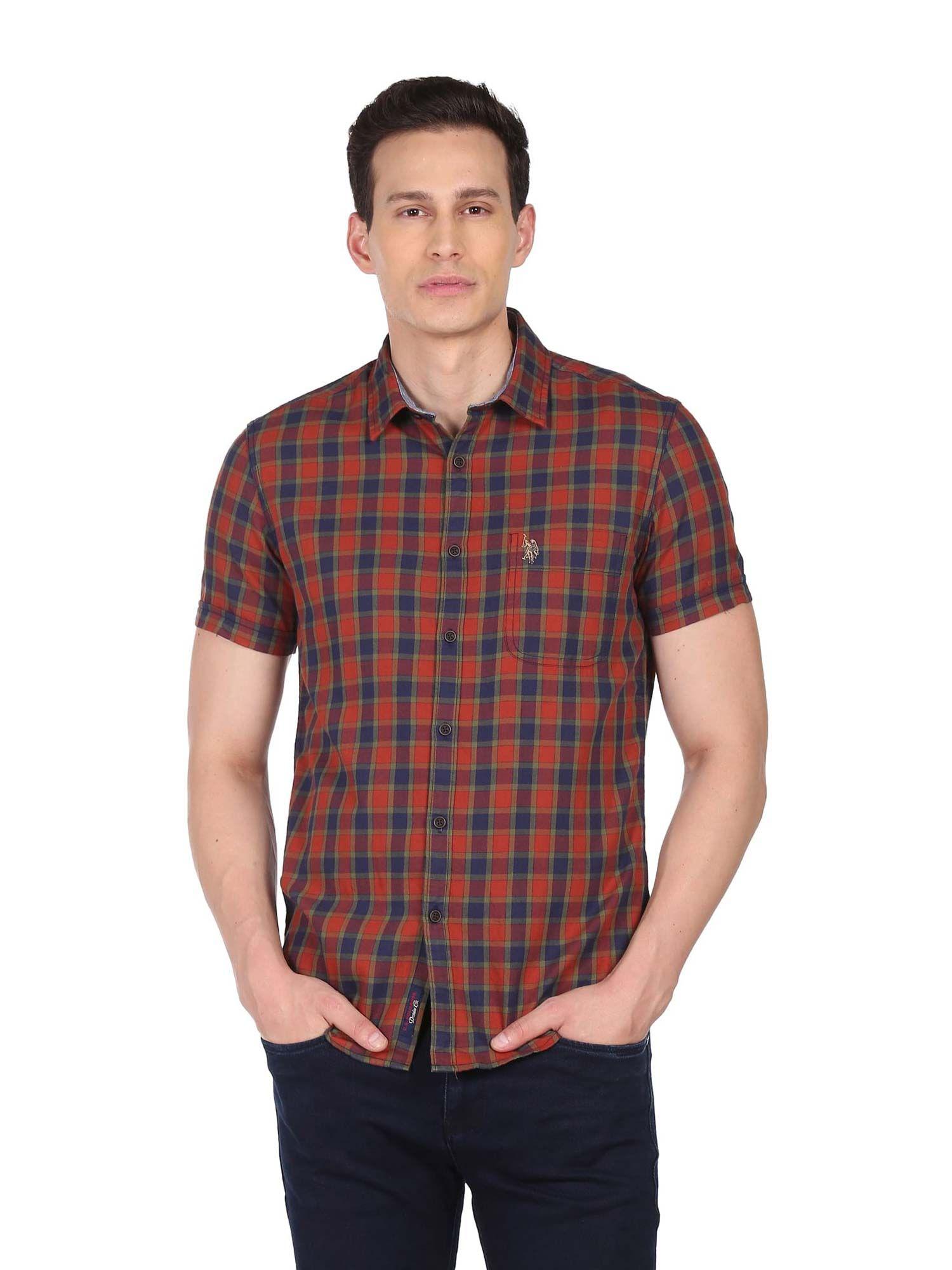 men rust & navy blue button down collar check casual shirt