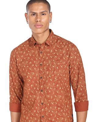 men rust abstract print cotton casual shirt