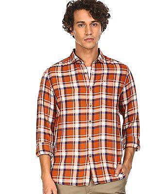 men rust barrel cuff check casual shirt