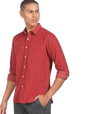 men rust corduroy weave cotton casual shirt