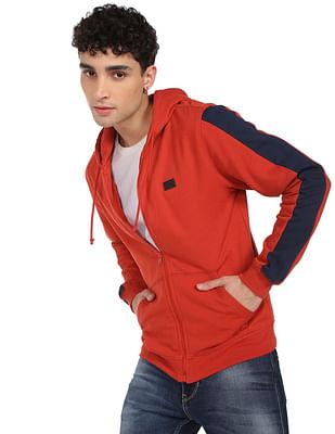 men rust panelled cotton solid hooded sweatshirt