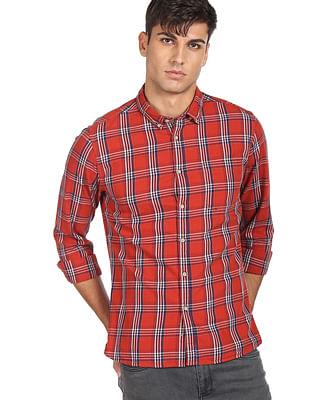 men rust plaid check pure cotton casual shirt