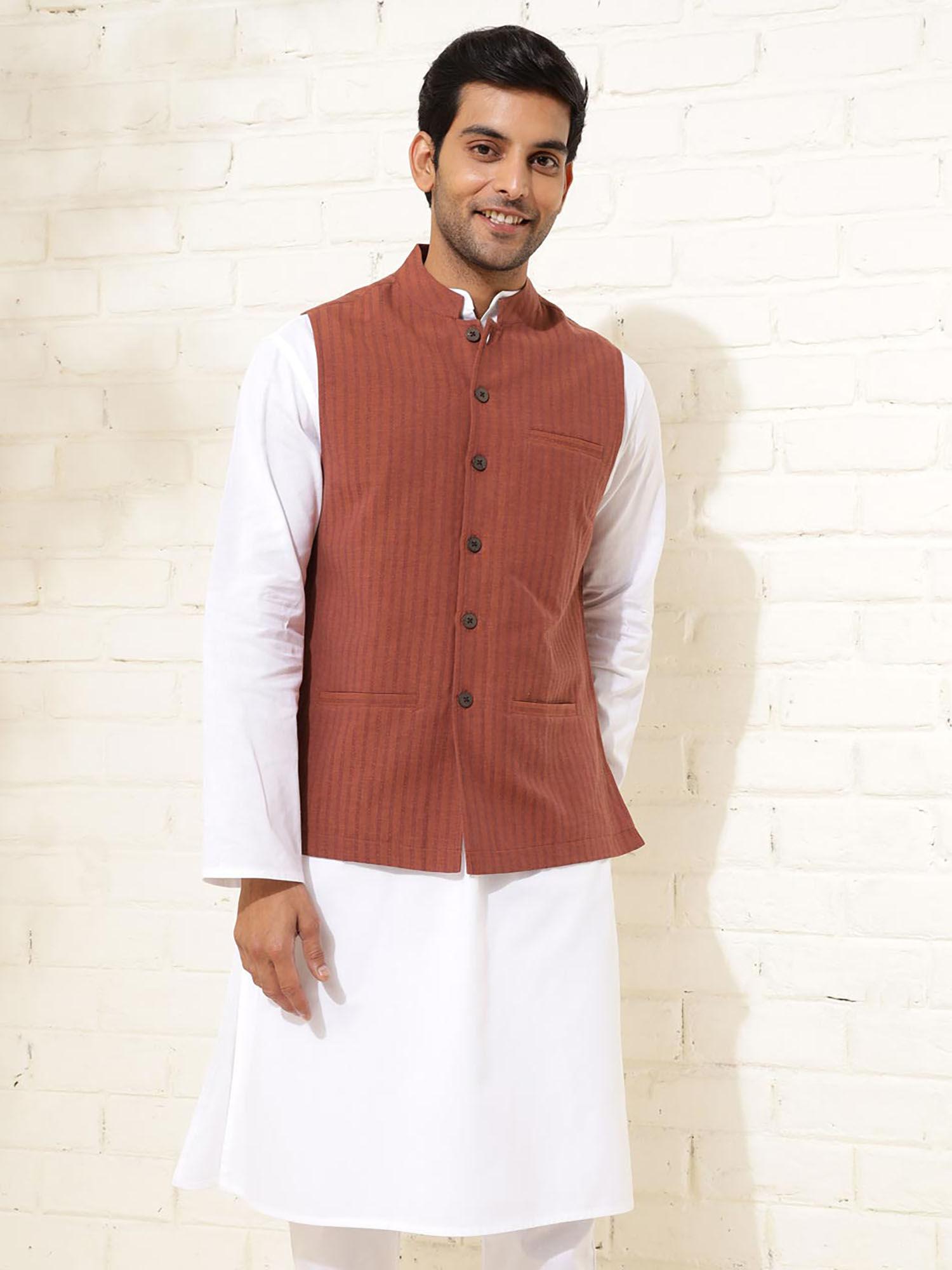 men rust printed cotton nehru jacket