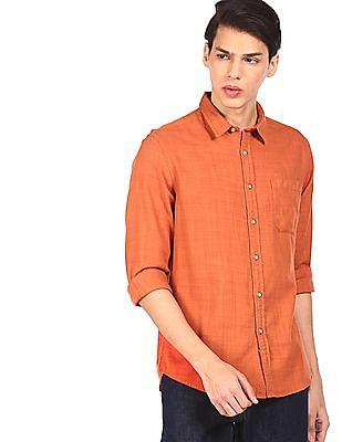 men rust spread collar long sleeves solid shirt