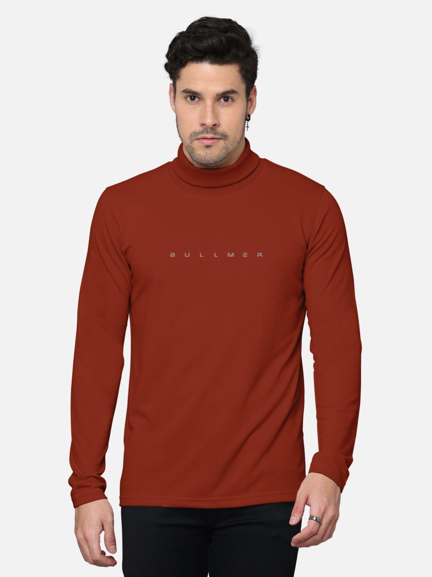 men rust turtle neck full sleeve solid t-shirt