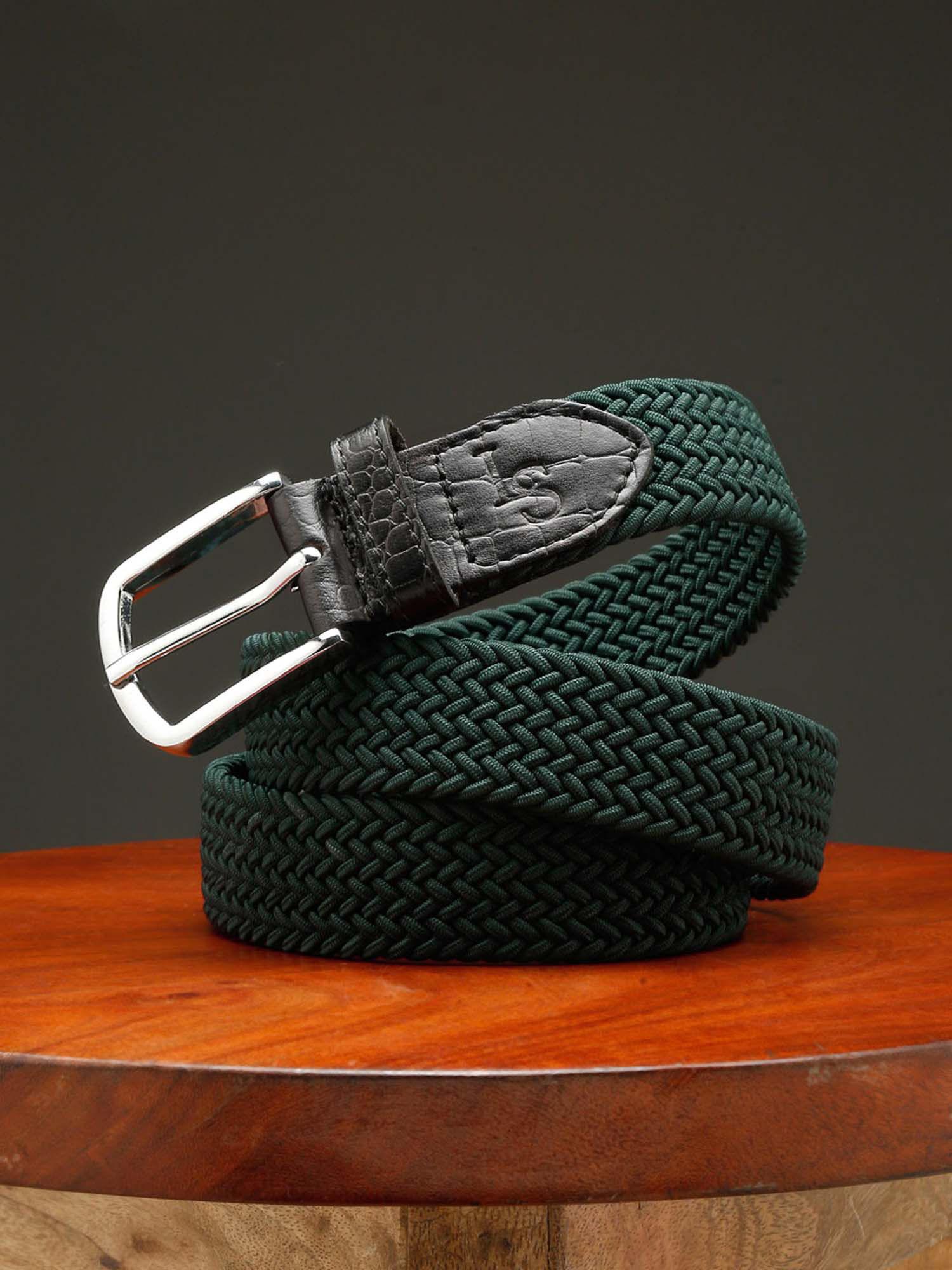 men sacramento green braided elastic stretch belt with leather tipped end