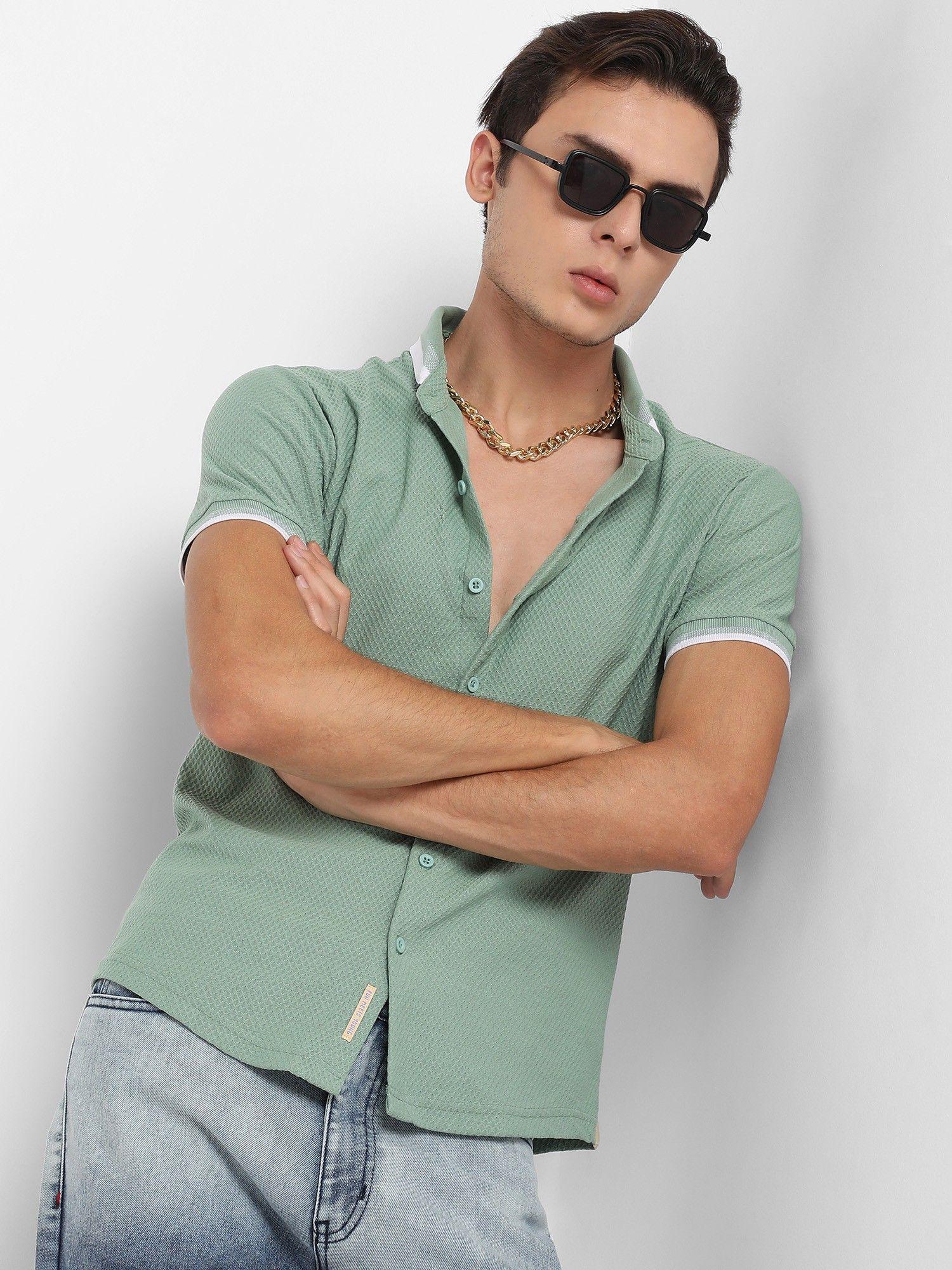 men sage green contrast hem shirt