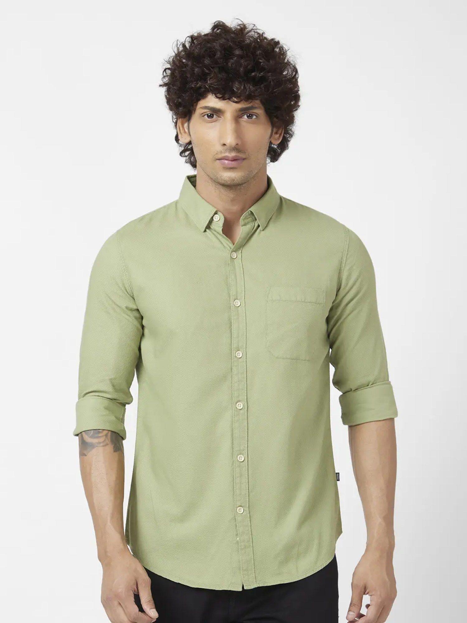 men sage green dyed regular slim fit full sleeve plain shirt