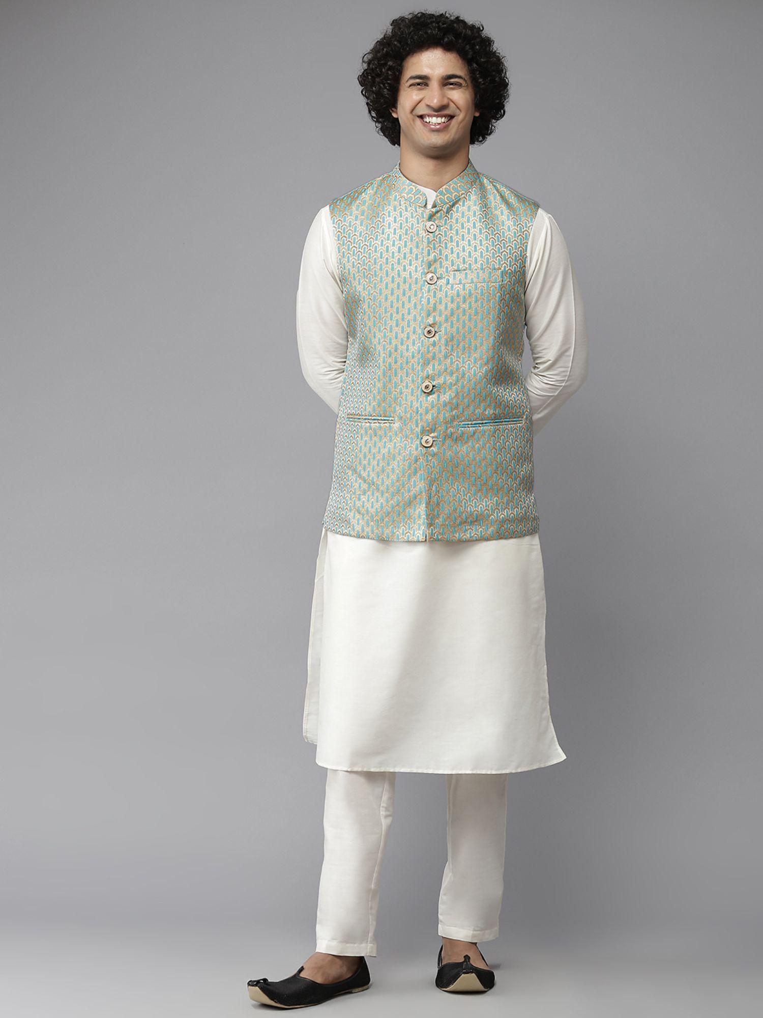 men sea green & white solid kurta pyjamas with nehru jacket (set of 3)