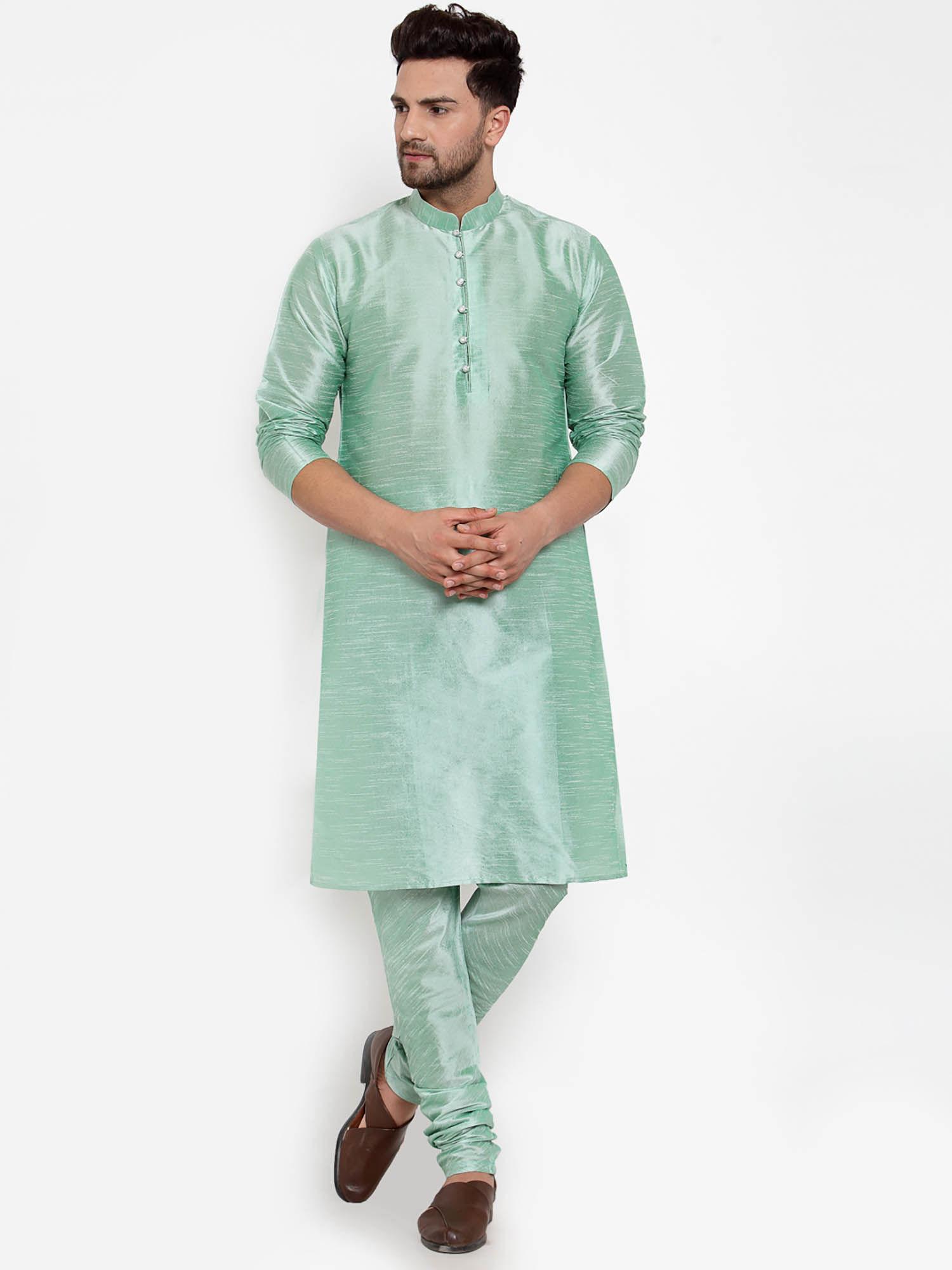 men sea green dupion silk kurta with churidar (set of 2)