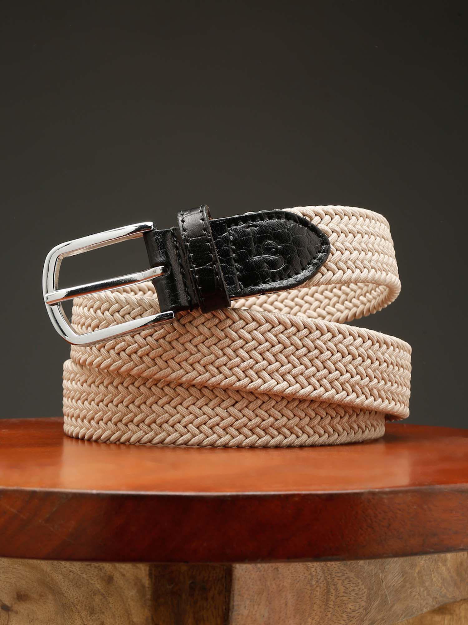 men seashell cream braided elastic stretch belt with leather tipped end