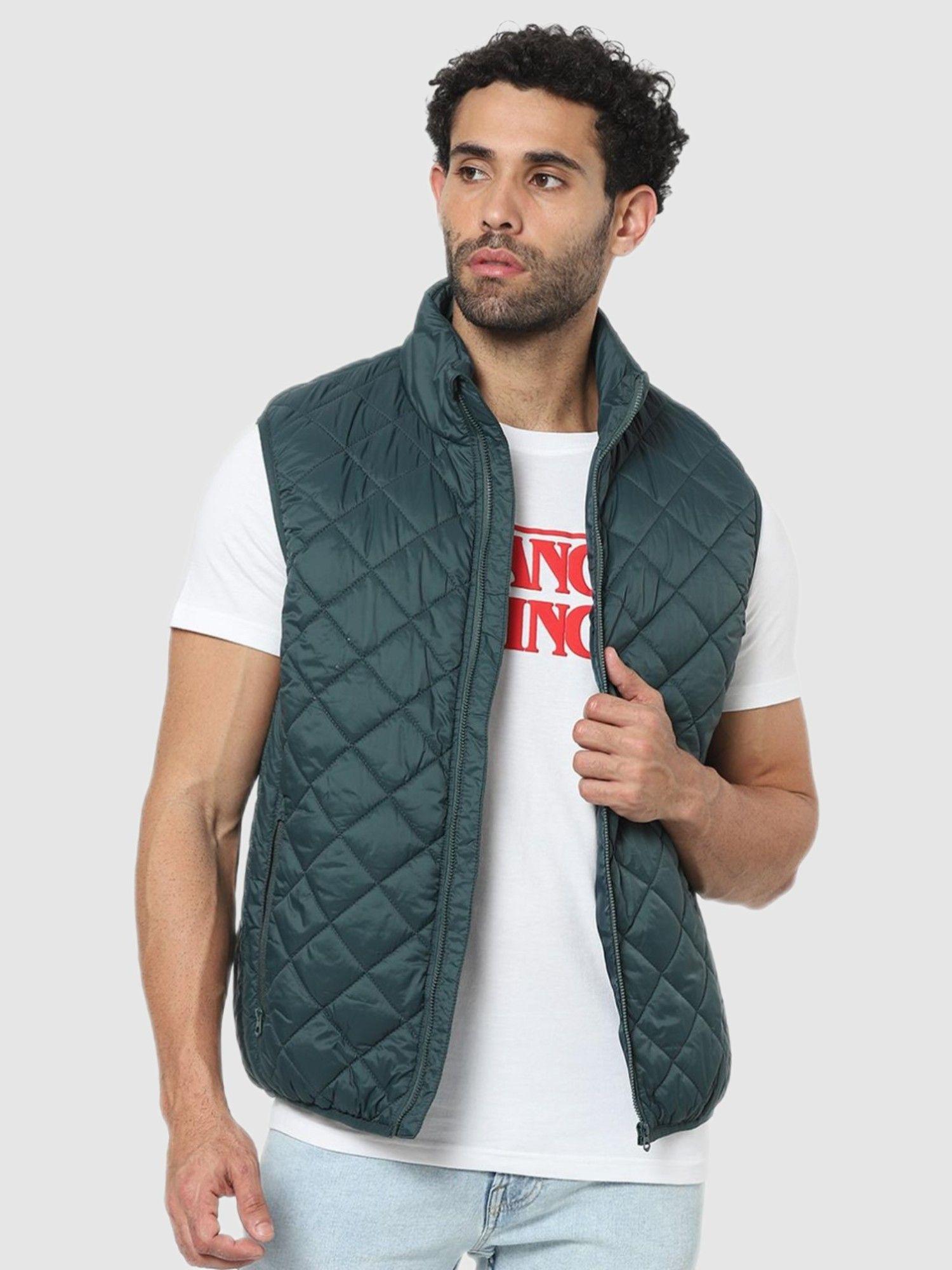 men self-design green nylon puffer jacket