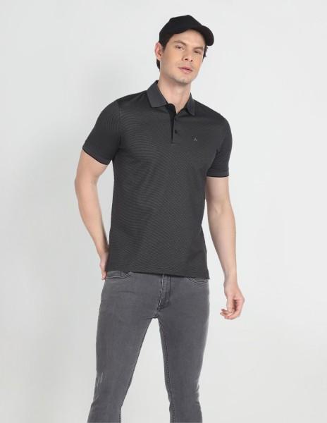 men self design polo neck pure cotton grey t-shirt