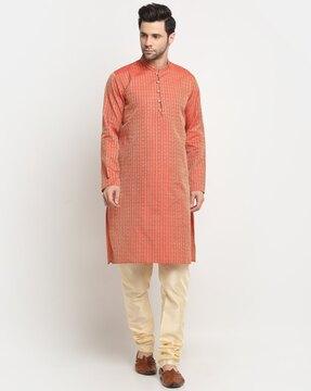 men self-design regular fit long kurta