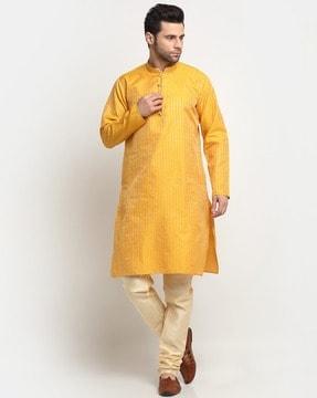 men self-design regular fit long kurta