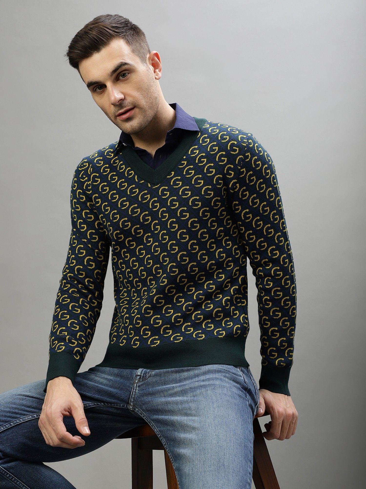 men self design v-neck full sleeves sweater