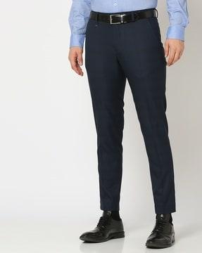 men self-striped slim fit flat-front trousers