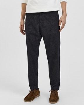 men self-striped slim fit flat-front trousers