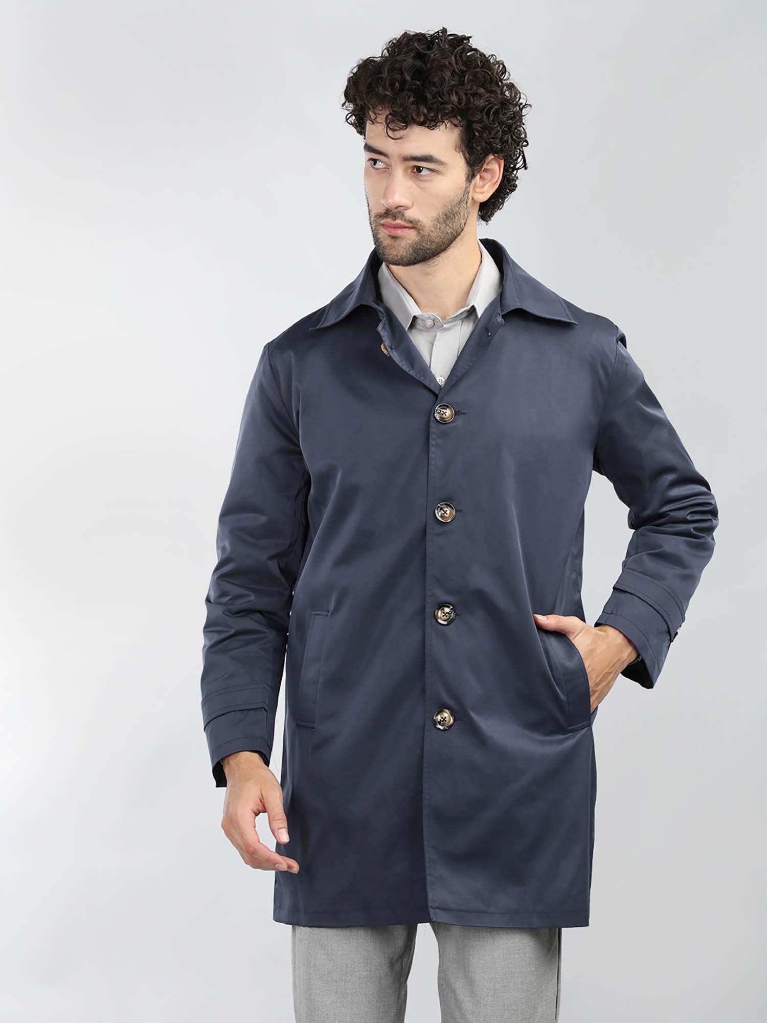 men semi winter wear trench coat navy blue