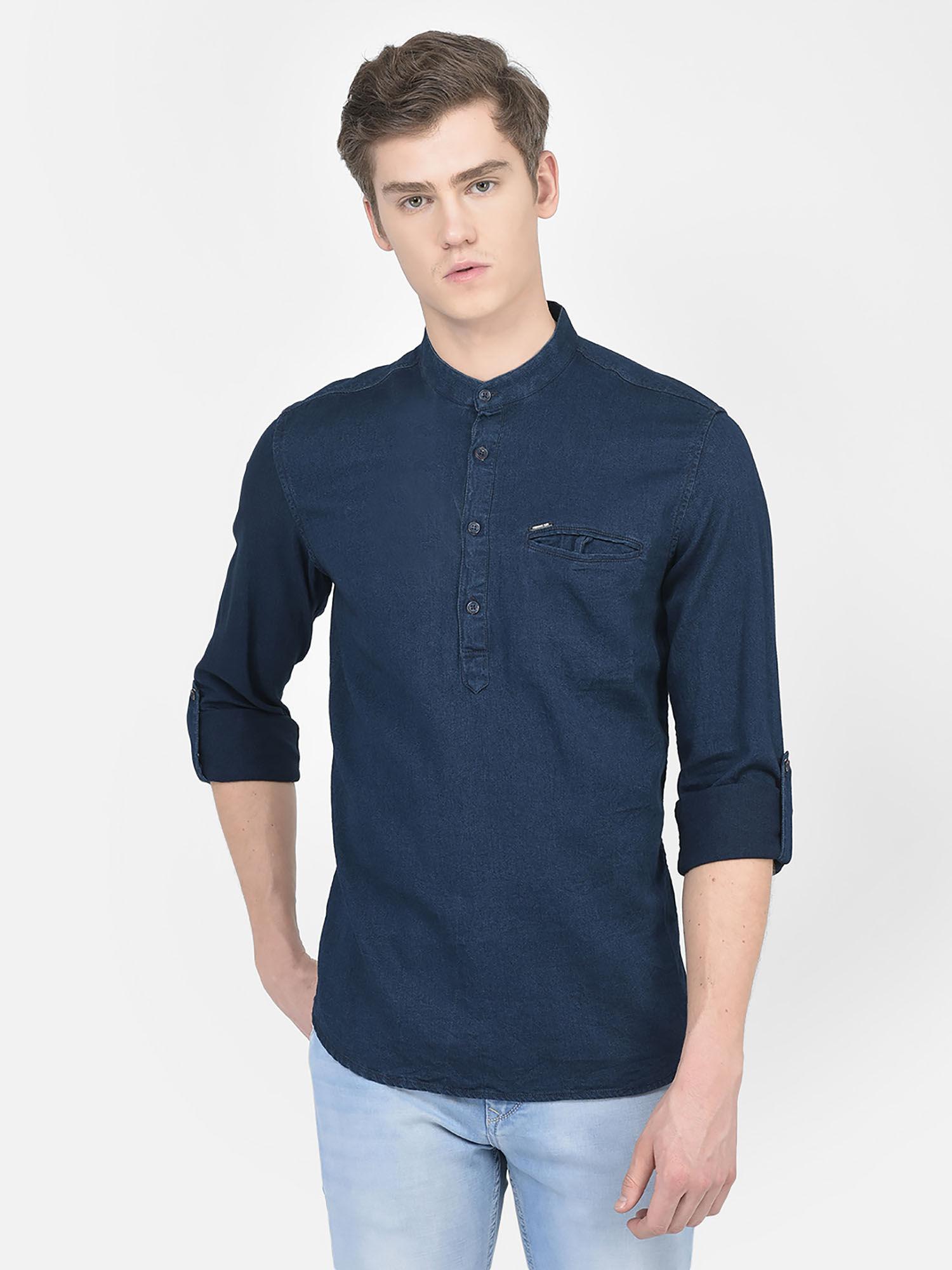 men shirt style denim navy blue short kurta