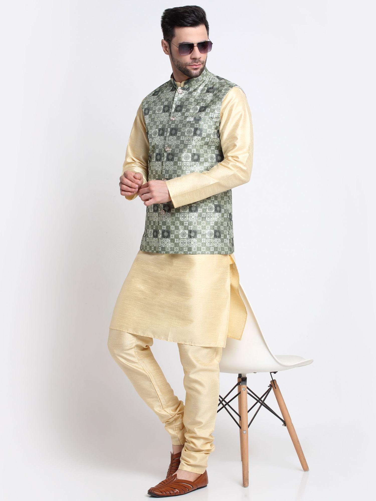 men silk blend beige kurta & churidar with green printed nehru jacket (set of 3)