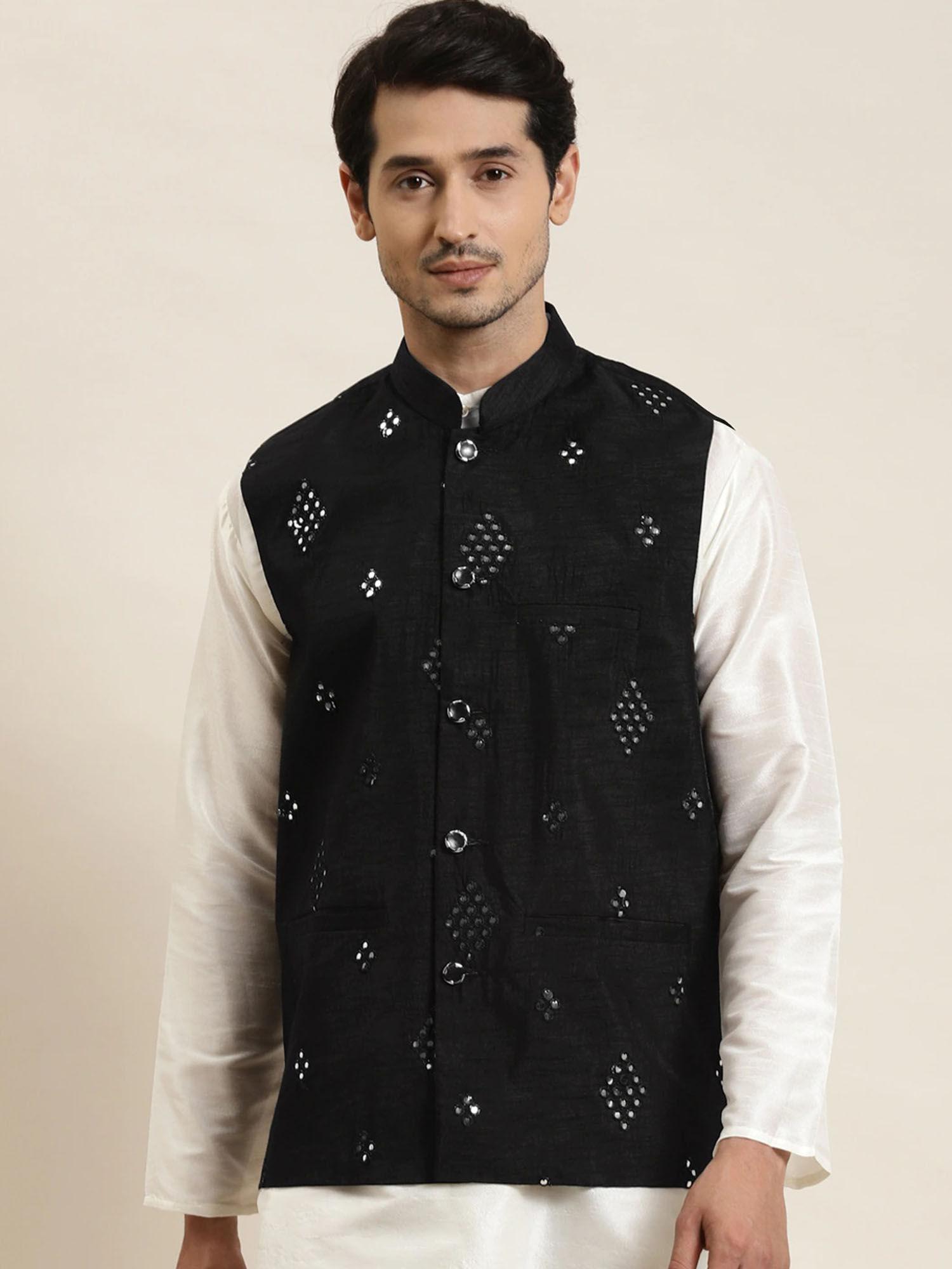 men silk blend black mirror work nehru jacket