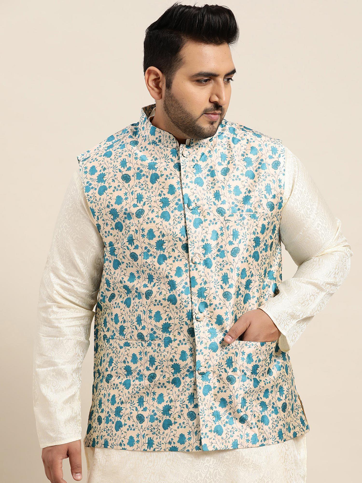 men silk blend blue printed nehru jacket